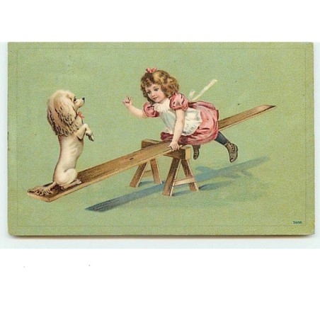 n°10643 - Carte Fantaisie Gaufrée -  Fillette et Caniche sur une balançoire