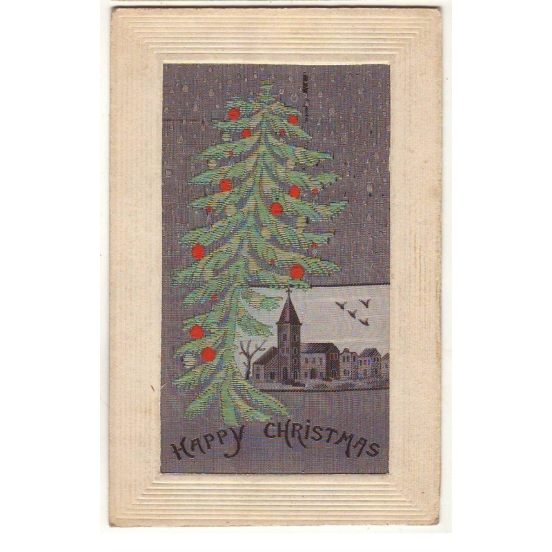 n°17009 - Carte Brodée Tissée Soie - Happy Christmas - Sapin sous la neige