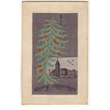 n°17009 - Carte Brodée Tissée Soie - Happy Christmas - Sapin sous la neige
