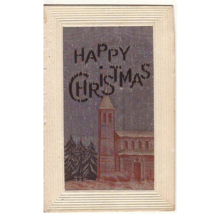 n°17010 - Carte Brodée Tissée Soie - Happy Christmas - Eglise sous la neige