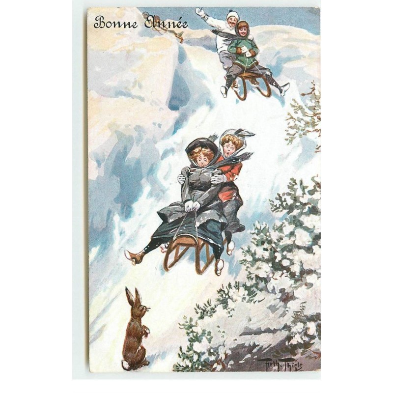 n°17013 - Arthur Thiele - Bonne Année - Jeunes femmes, et jeunes hommes sur des luges