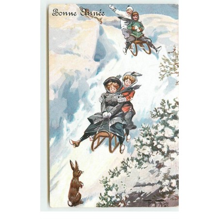 n°17013 - Arthur Thiele - Bonne Année - Jeunes femmes, et jeunes hommes sur des luges