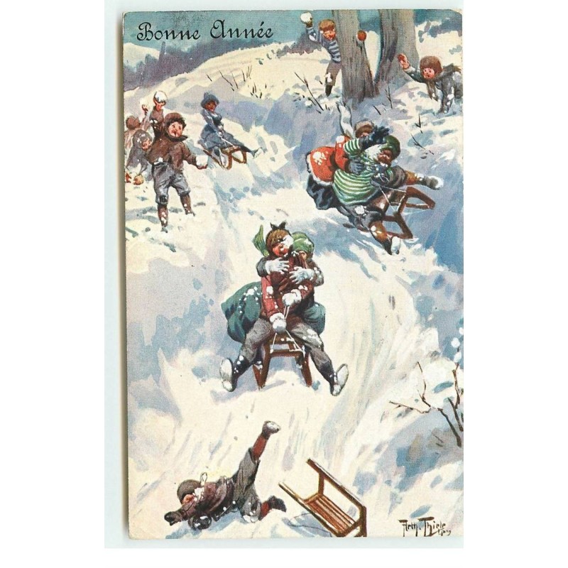 n°17014 - Arthur Thiele - Bonne Année - Couples sur des luges