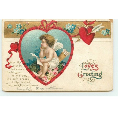 n°17015 - Carte Gaufrée - Clapsaddle - Love's Greeting - What the star is to the even .... - Cupidon lisant une lettre