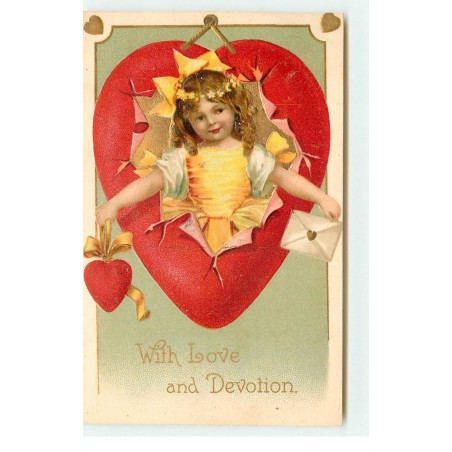 n°17018 - Carte Gaufrée - Clapsaddle - With Love and Devotion - Jeune fille sortant d'un coeur