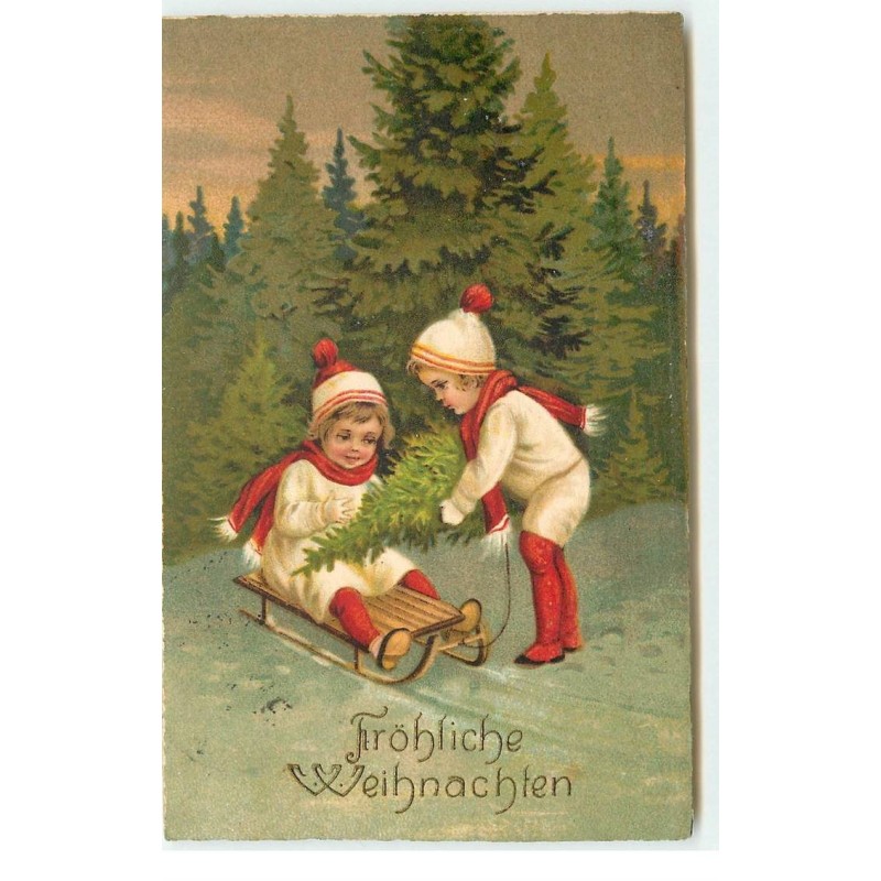 n°17023 - Fröhliche Weihnachten - Un garçon donnant un sapin à une fillette sur une luge