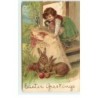 n°17024 - Easter Greetings - Fillette avec une poupée regardant des lièvres protégeant des oeufs