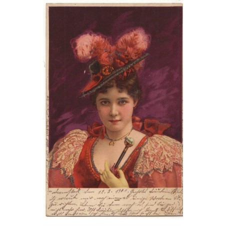 n°17032 - Carte avec Paillettes - Jeune femme, portant un chapeau à plumes