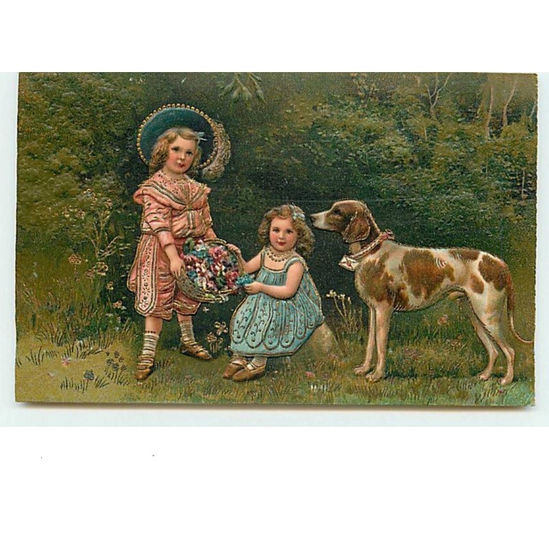 n°10645 - Carte Fantaisie Gaufrée - Fillettes et chien