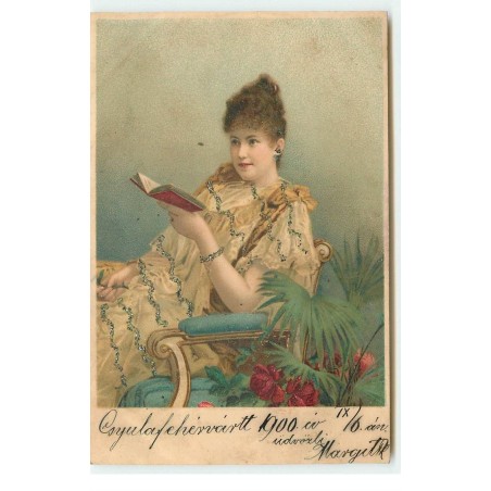 n°17037 - Carte avec Paillettes - Jeune femme assise et lisant