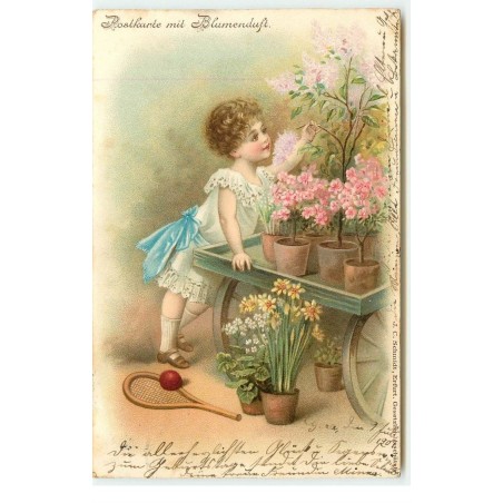 n°17041 - Postkarde mit Blumenduft - Fillette s'occupant de fleurs