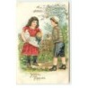 n°17076 - Carte Gaufrée - Joyeuses Pâques - Garçon offrant un oeuf à une fillette portant deux poules
