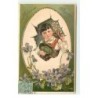 n°17079 - Carte Gaufrée - Joyeuses Pâques - Jeune Garçon avec des violettes dans un oeuf