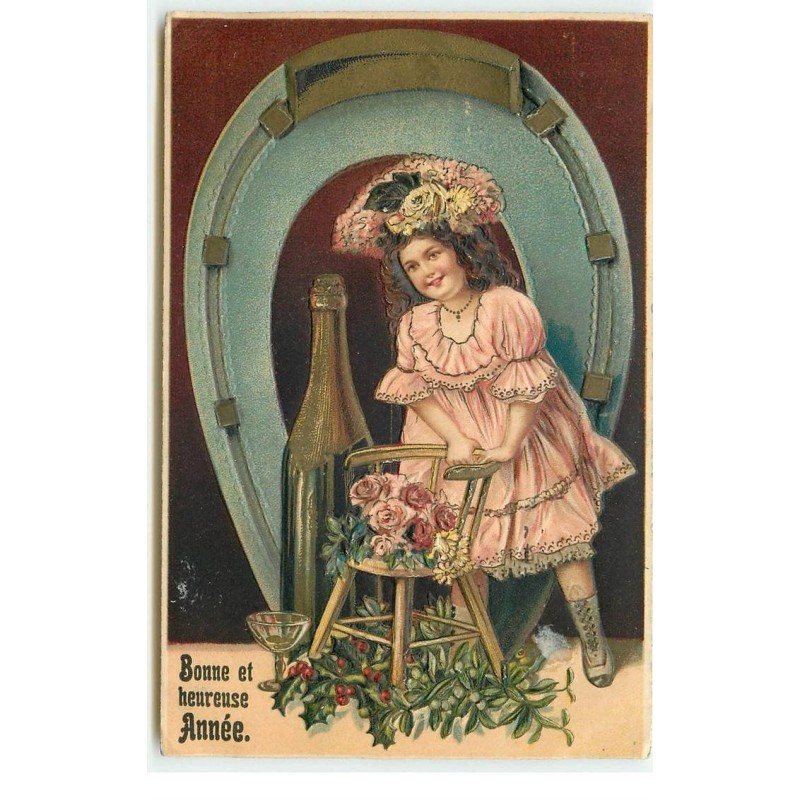 n°17083 - Carte Gaufrée - Bonne et Heureuse Année - Fillette près d'une bouteille de champagne
