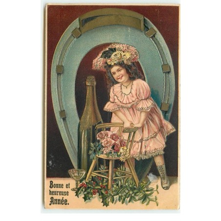 n°17083 - Carte Gaufrée - Bonne et Heureuse Année - Fillette près d'une bouteille de champagne