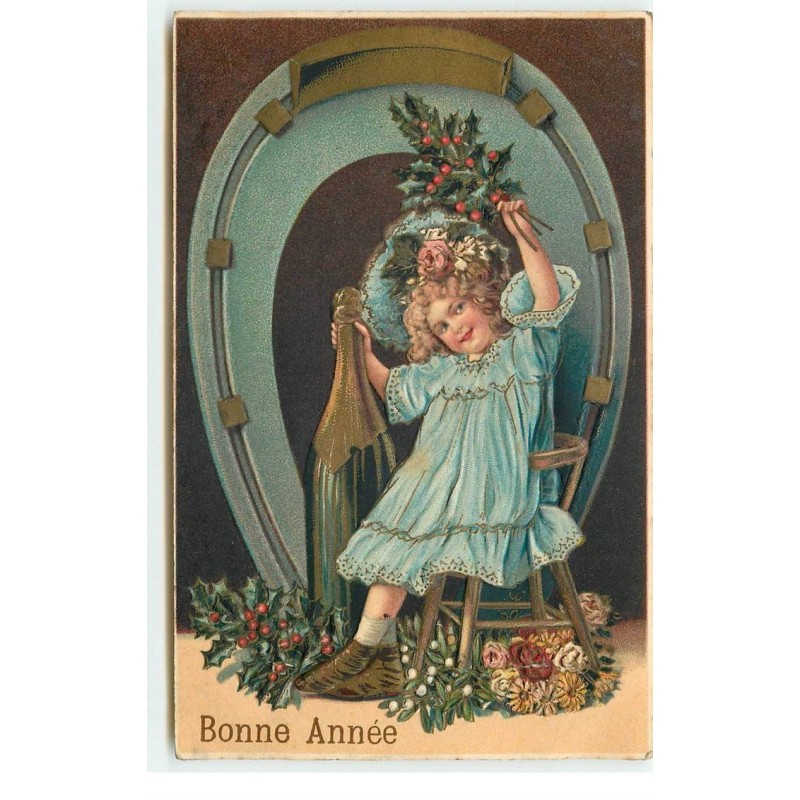 n°17084 - Carte Gaufrée - Bonne Année - Fillette près d'une bouteille de champagne