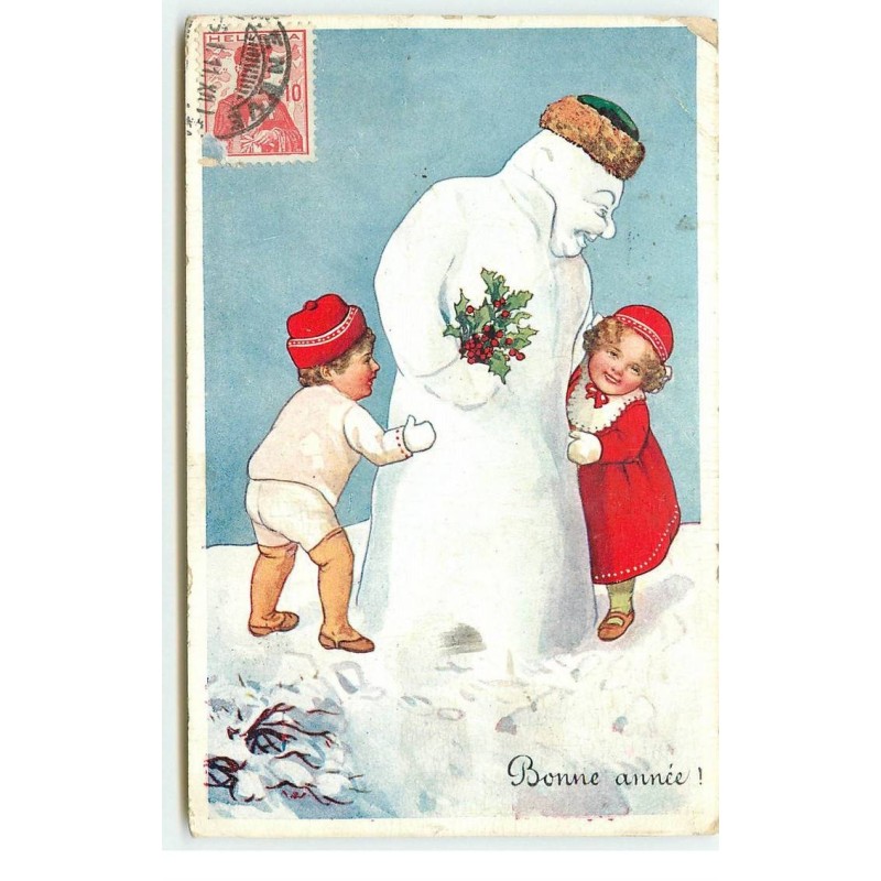 n°17086 - style Flatscher - Bonne Année - Enfants jouant autour d'un bonhomme de neige