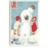 n°17086 - style Flatscher - Bonne Année - Enfants jouant autour d'un bonhomme de neige