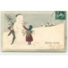n°17089 - Bonne Année - Enfants décorant avec du houx un bonhomme de neige