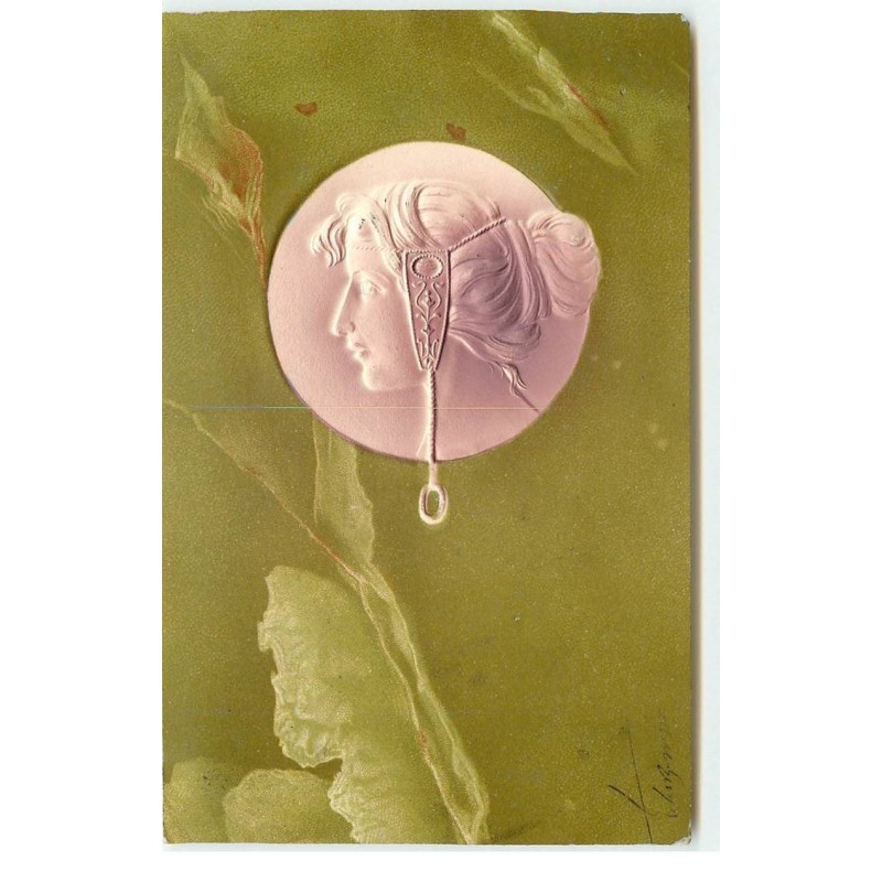 n°17117 - Carte Gaufrée - Art Nouveau - Profil d'une jeune femme dans un médaillon