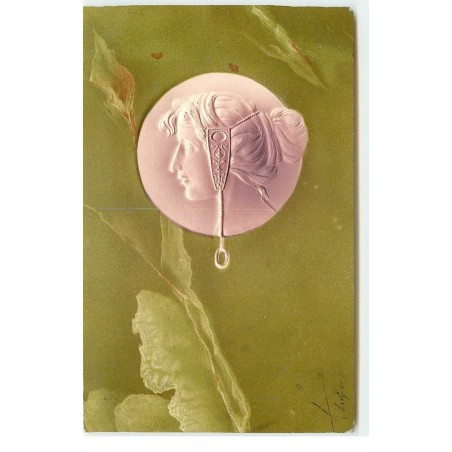 n°17117 - Carte Gaufrée - Art Nouveau - Profil d'une jeune femme dans un médaillon