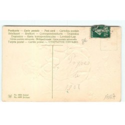 n°17127 - Carte Gaufrée - Joyeuses Pâques - Fillette dansant avec un mouton, au fond un moulin à vent