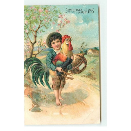 n°17130 - Carte Gaufrée - Joyeuses Pâques - Garçon portant un coq