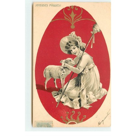n°17132 - Joyeuses Pâques -Jeune femme câlinant un mouton
