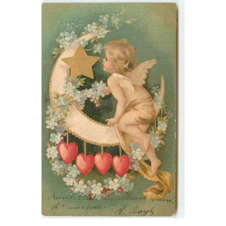 n°17144 - Ange sur un croissant de lune avec des coeurs
