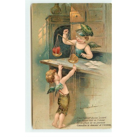 n°17145 - Carte Gaufrée - Anges pesant des coeurs