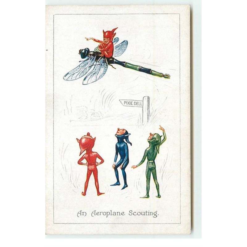 n°17146 - An Aeroplane Scouting - Petits lutins, l'un d'eux sur une libellule - Pixie Dell