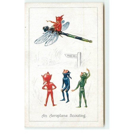 n°17146 - An Aeroplane Scouting - Petits lutins, l'un d'eux sur une libellule - Pixie Dell