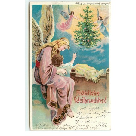 n°17165 - Fröhliche Weihnachten - Enfant avec un ange gardien regardant dans le ciel un sapin décoré