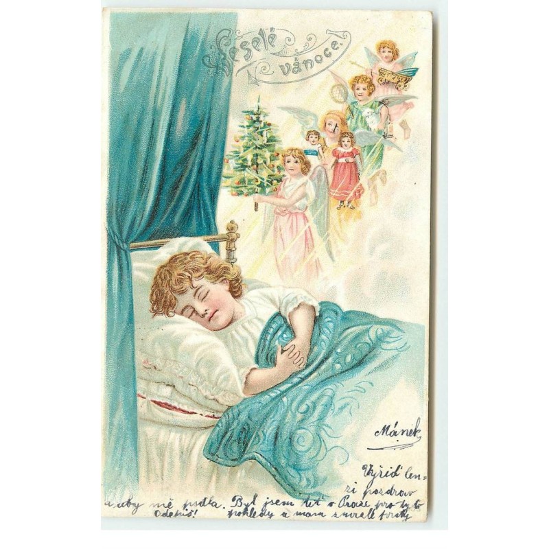 n°17169 - Veselé Vanoce - Enfant dormant, des anges apportant un sapin décoré, et des jouets