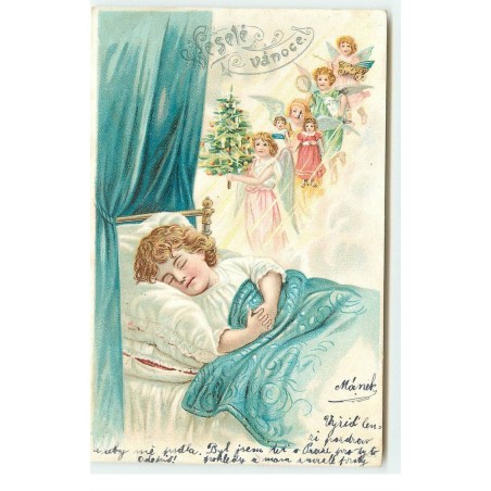 n°17169 - Veselé Vanoce - Enfant dormant, des anges apportant un sapin décoré, et des jouets