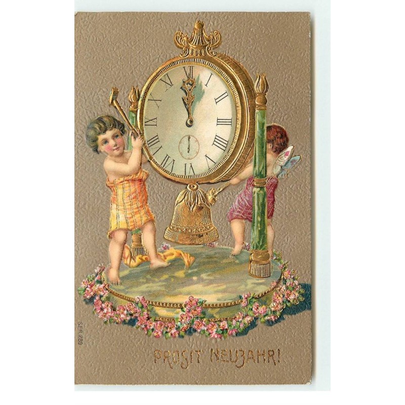 n°17179 - Carte Gaufrée - Prosit Neujahr - Anges sonnnant sur une pendule