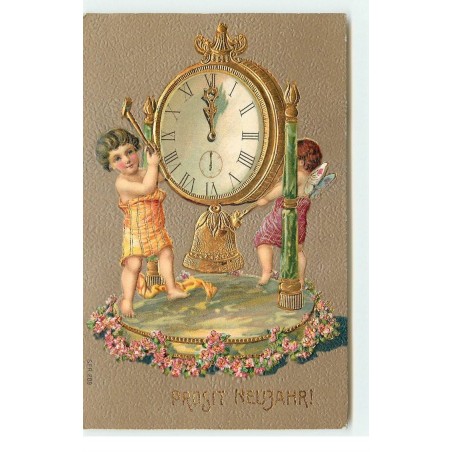 n°17179 - Carte Gaufrée - Prosit Neujahr - Anges sonnnant sur une pendule