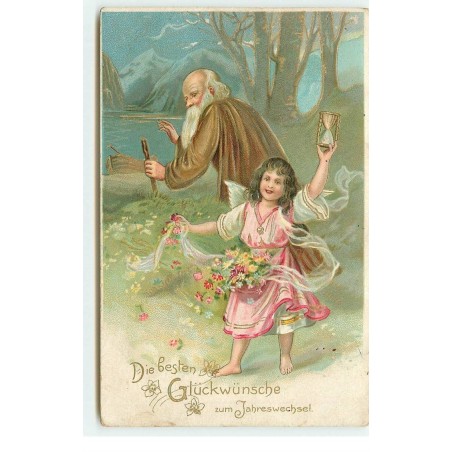 n°17181 - Carte Gaufrée - Ange tenant un sablier, au fond un vieillard