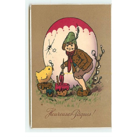 n°17186 - Heureuses Pâques - Homme peignant un oeuf devant un poussin