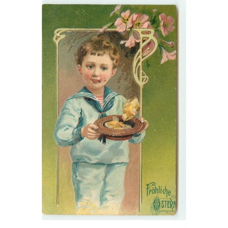 n°17190 - Carte Gaufrée - Fröhliche Ostern - Garçon portant des poussins dans son cannotier