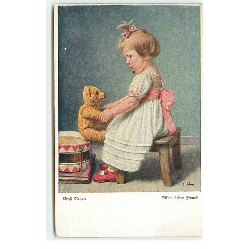 n°17191 - Ernst Nelson - Fillette jouant avec un ours en peluche - Teddy Bear