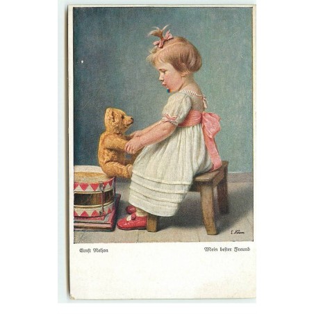 n°17191 - Ernst Nelson - Fillette jouant avec un ours en peluche - Teddy Bear