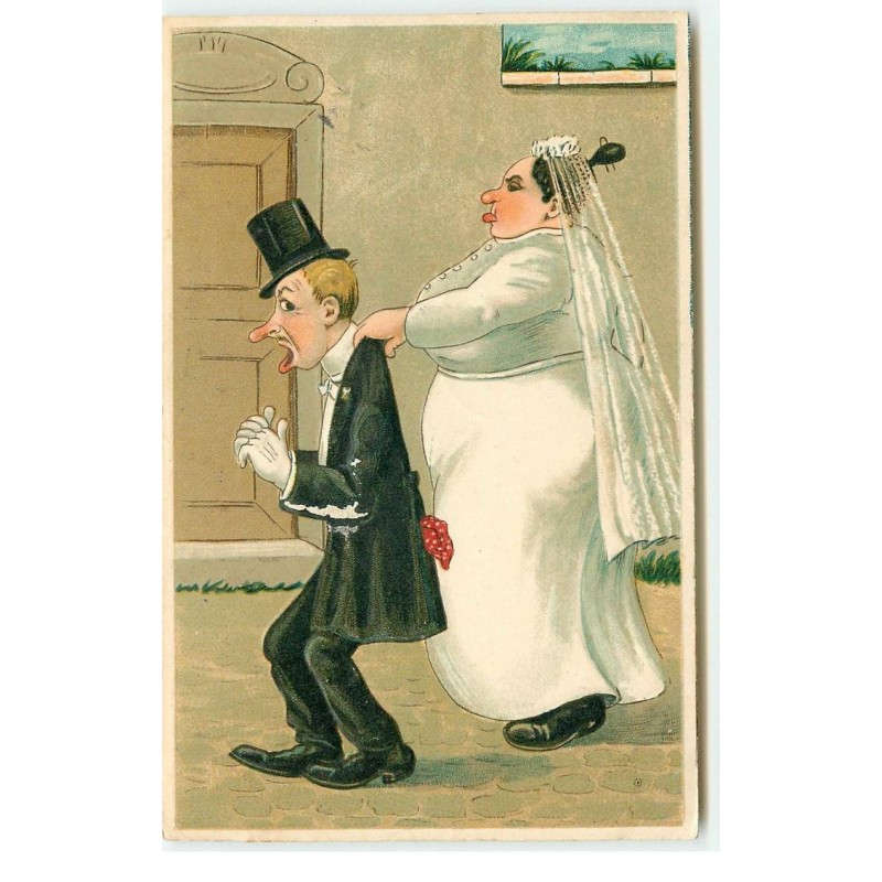 n°17193 - Carte Gaufrée - Mariée retenant son mari par le col