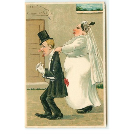 n°17193 - Carte Gaufrée - Mariée retenant son mari par le col