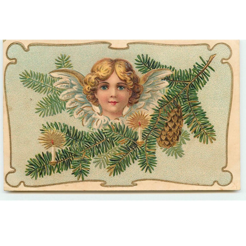 n°17196 - Carte Gaufrée - Portrait d'un ange sur une branche de sapin