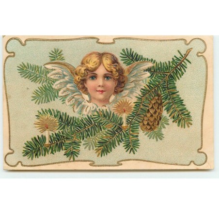 n°17196 - Carte Gaufrée - Portrait d'un ange sur une branche de sapin