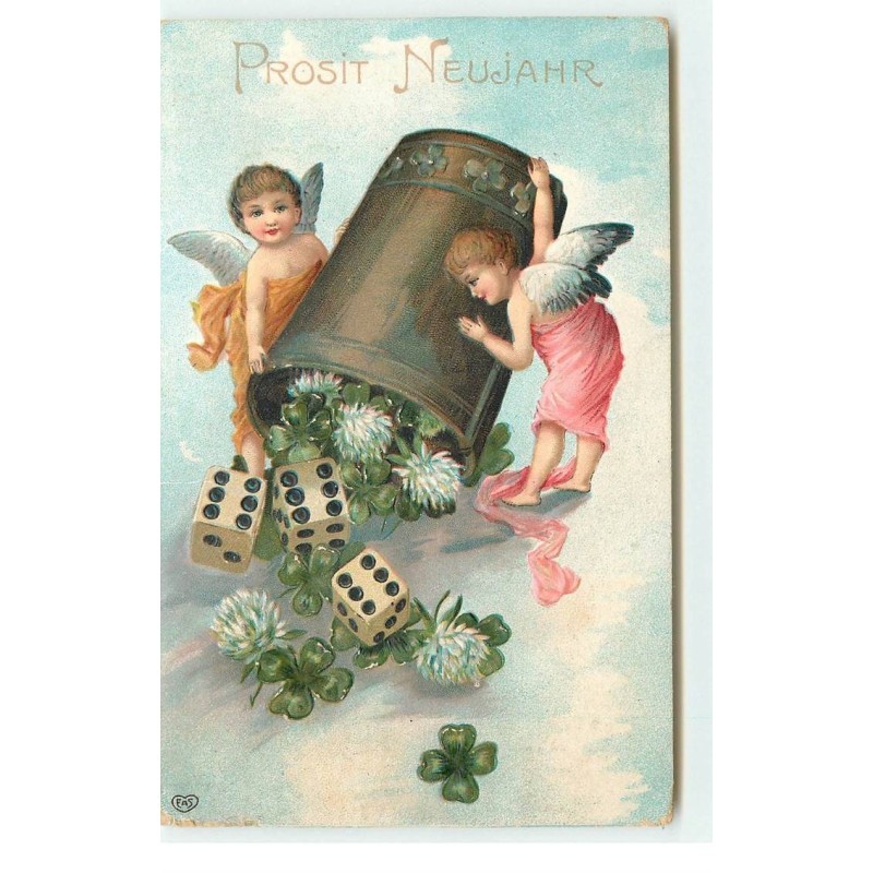 n°17235 - Carte Gaufrée - Prosit Neujahr - Anges lançant des dés