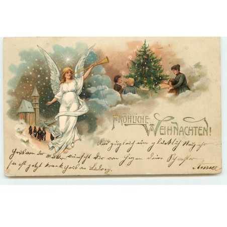 n°17240 - Carte Gaufrée - Fröhliche Weihnachten - Ange sonnant dans une trompette