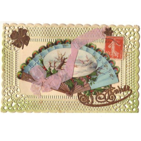 n°17254 - Carte avec chromo - Bonne Année - Paysage sur un éventail
