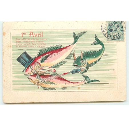 n°17274 - Carte Gaufrée - 1er Avril  - Tout n'est pas rose sur la terre .... - Un poisson tirant sur d'autres poissons